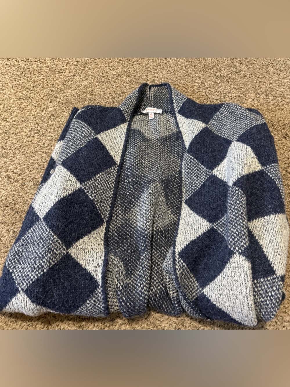 Open-Front Geometric Knit Cardigan Sweater - Navy & Gray